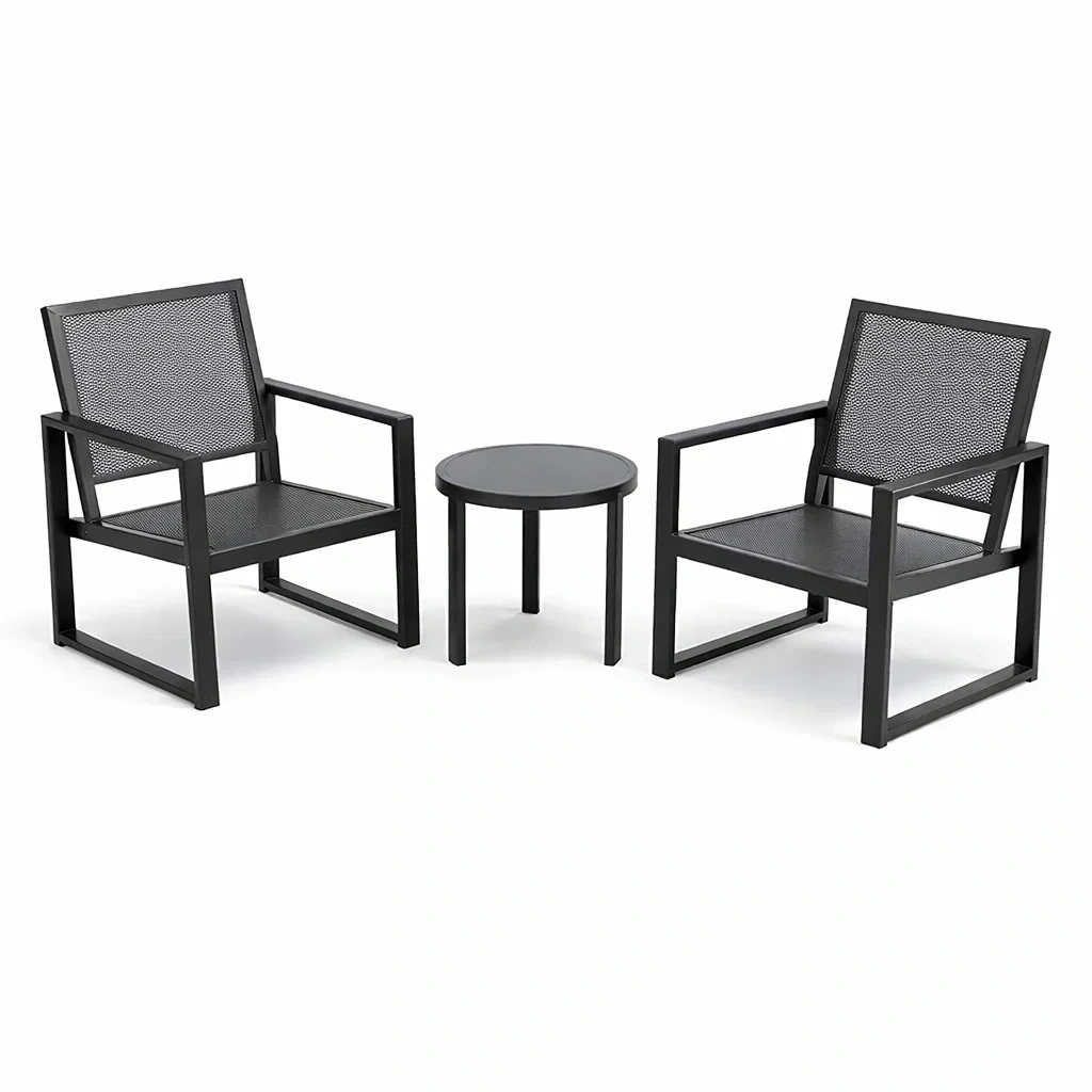 Petit salon de jardin en aluminium noir avec table ronde et fauteuils 3 pièces-MOBETTE