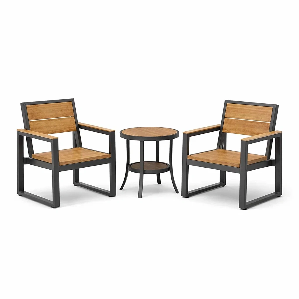 Petit salon de jardin en acier et bois composite : 2 fauteuils et table-MOBETTE