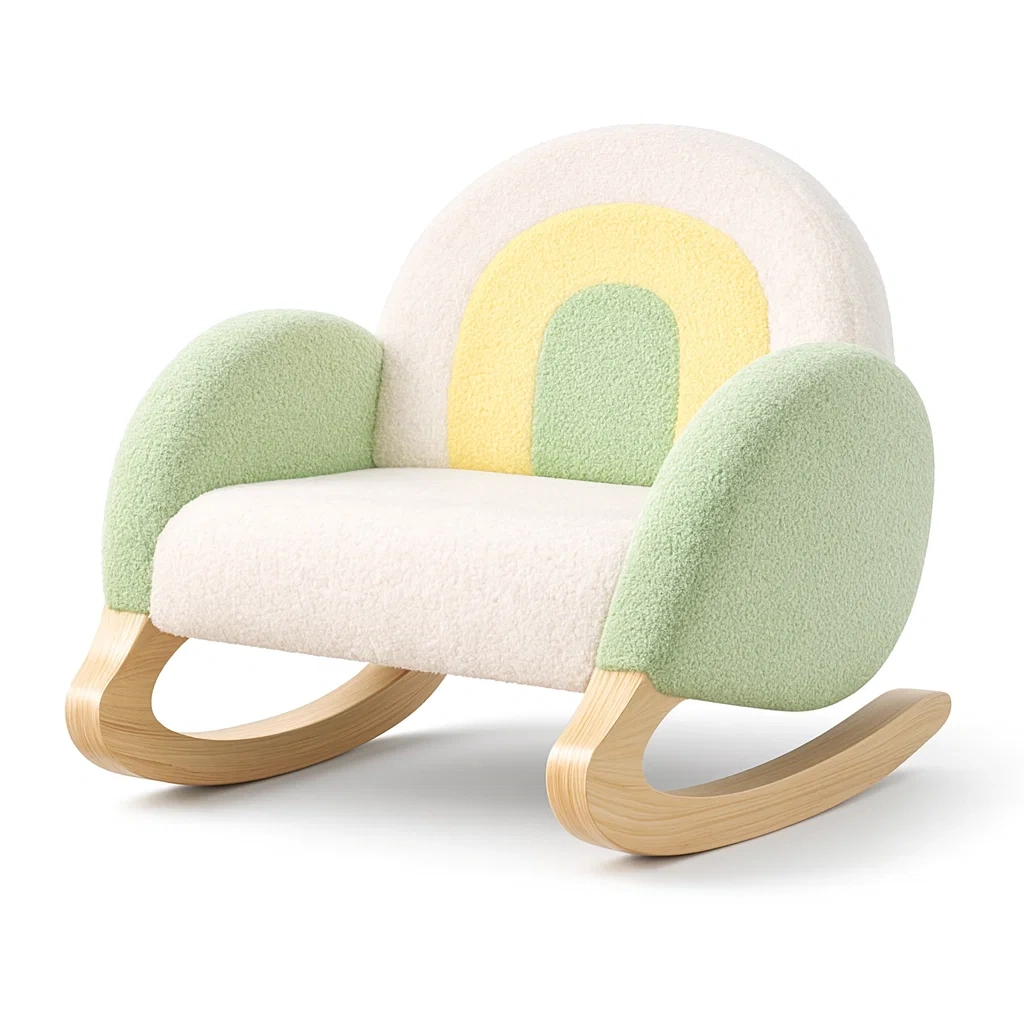 Rocking-chair enfant en bois tissu peluche blanc, vert et jaune-MOBETTE