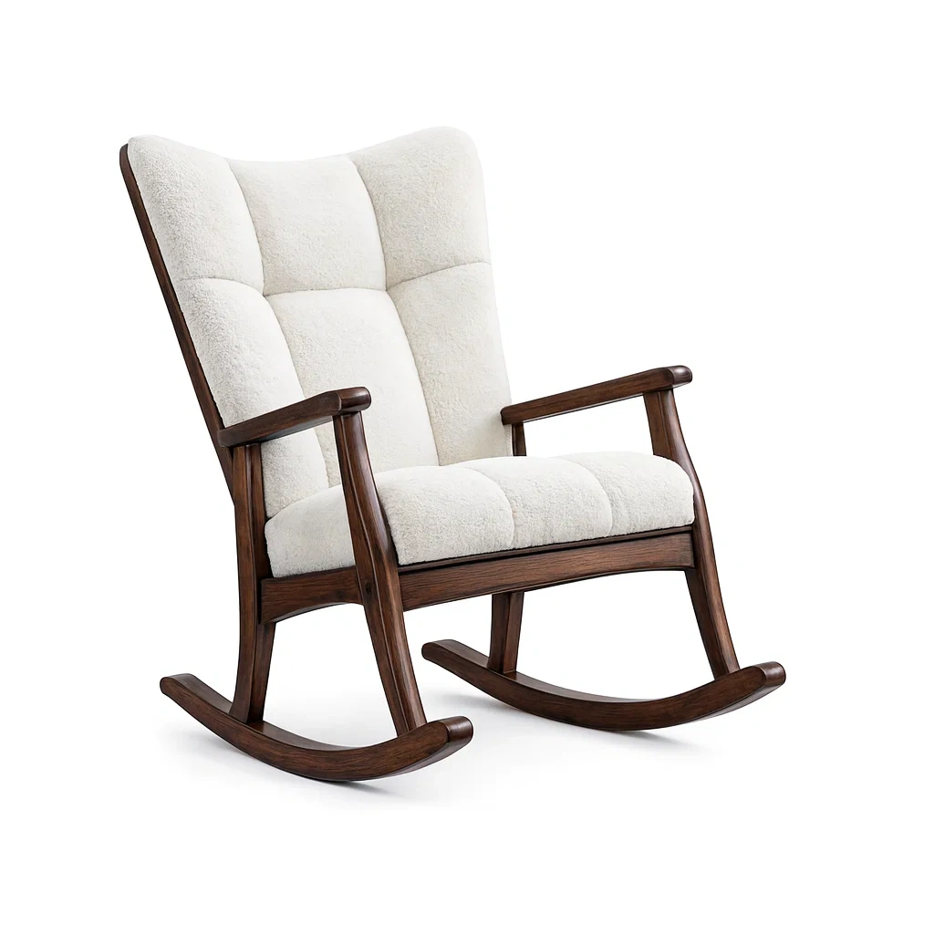Rocking-chair en bois avec revêtement en tissu blanc-MOBETTE
