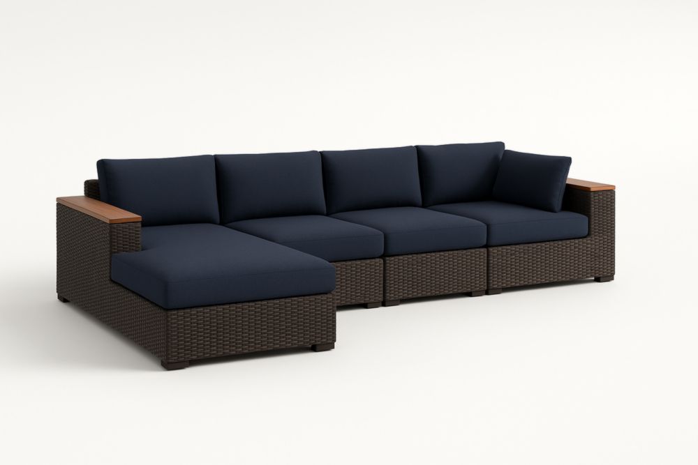 Divano angolare modulare da giardino in rattan sintetico con cuscini blu