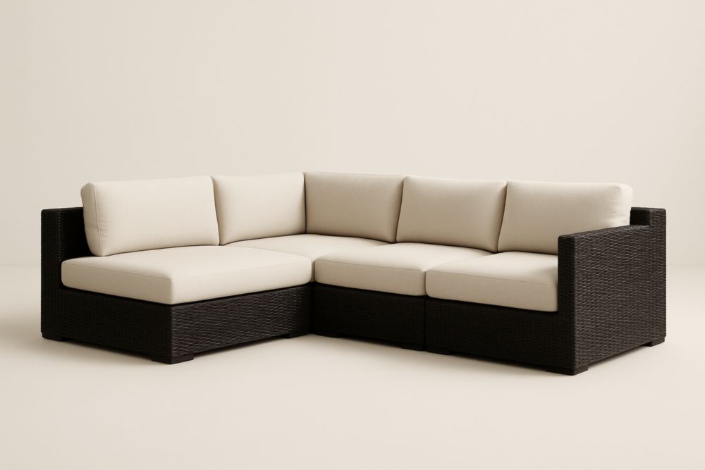 Divano ad angolo modulare da giardino in rattan sintetico con cuscini in tessuto poliestere beige