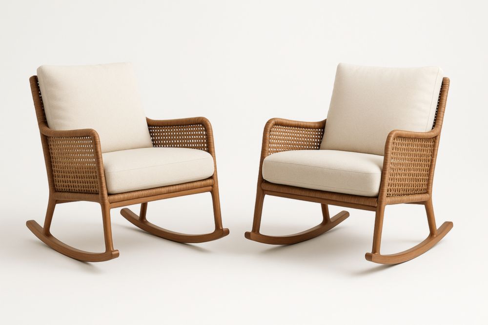 Set di 2 Sedie a Dondolo in Legno e Rattan con Cuscini in Poliestere Crema