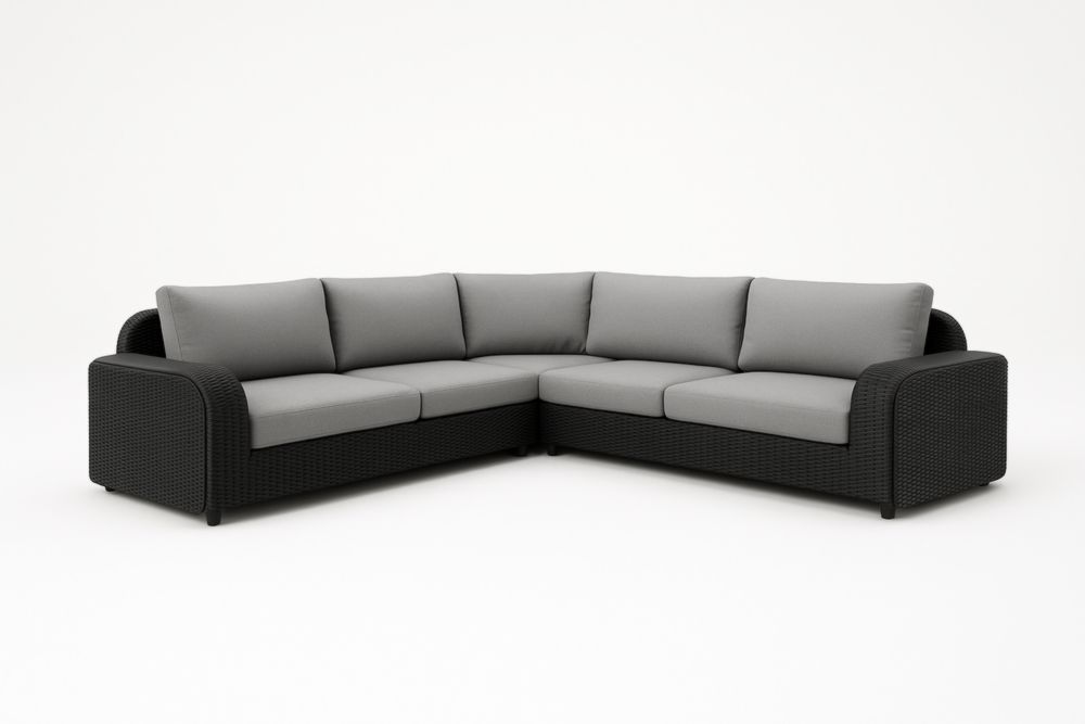 Divano angolare modulare in rattan sintetico nero con cuscini grigi