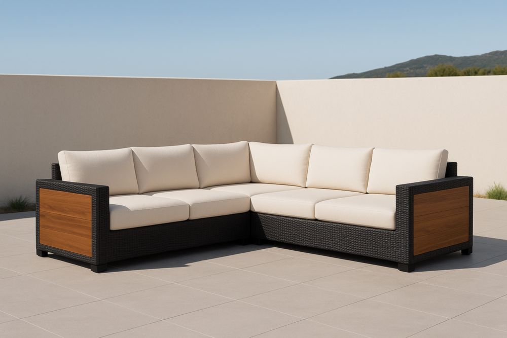 Divano angolare da esterno in rattan con cuscini in poliestere crema