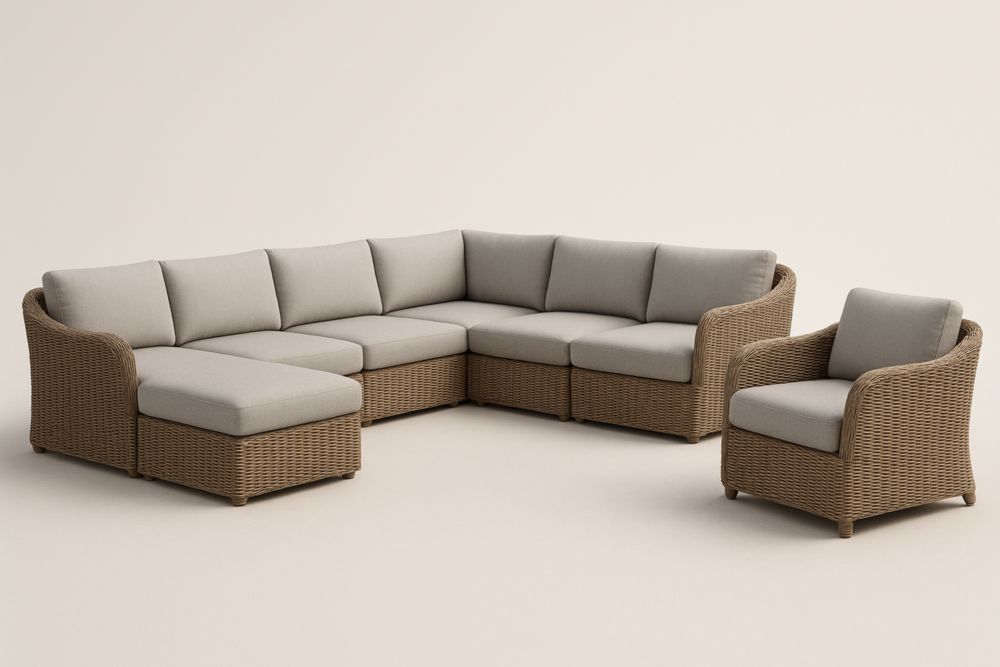 Divano angolare componibile in rattan sintetico con cuscini in poliestere grigio