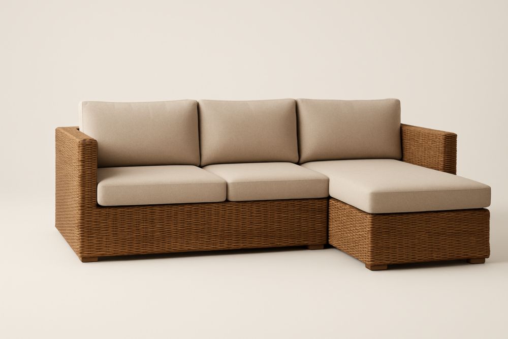 Divano angolare in rattan sintetico con cuscini in poliestere beige