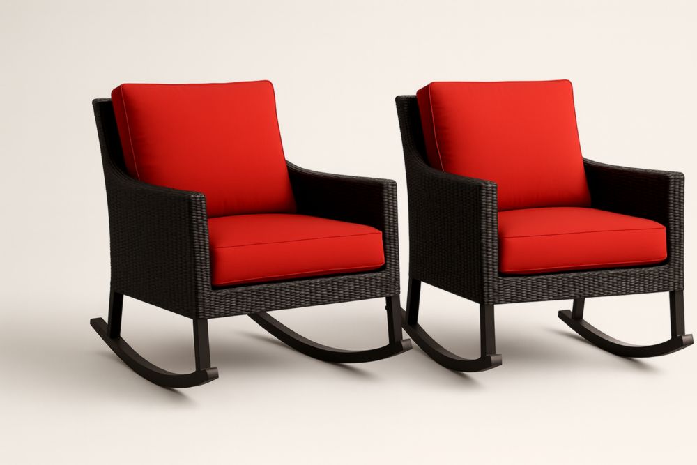 Set di 2 sedie a dondolo in rattan nero con cuscini rossi