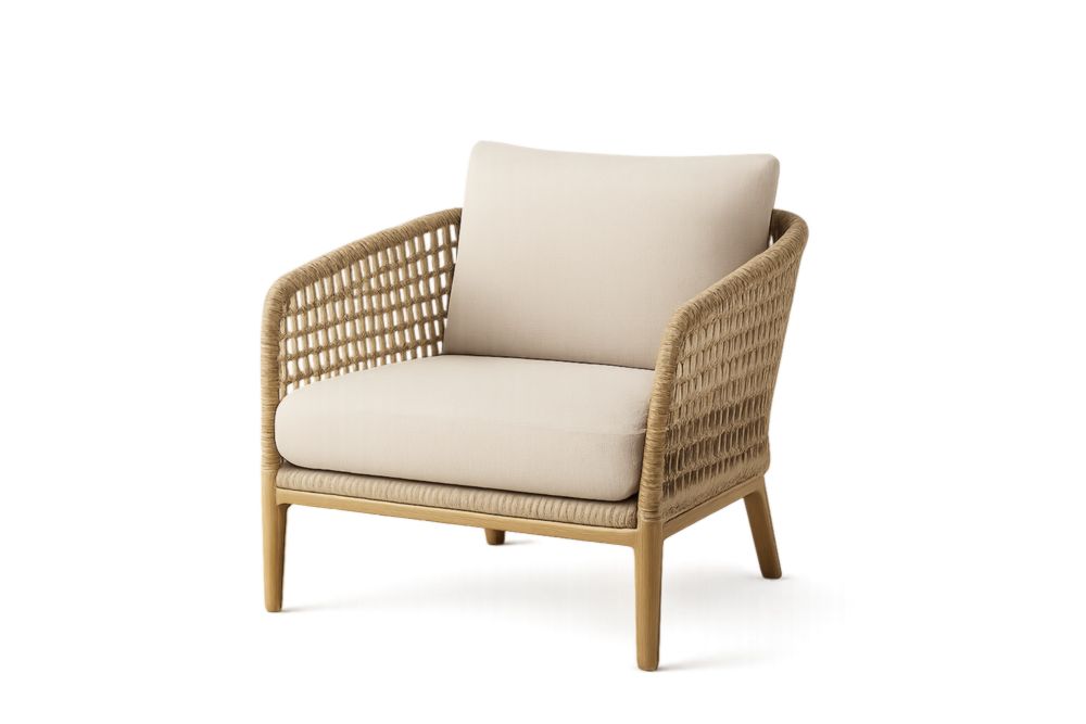 Sedia da giardino in legno di teak con tessuto beige in poliestere