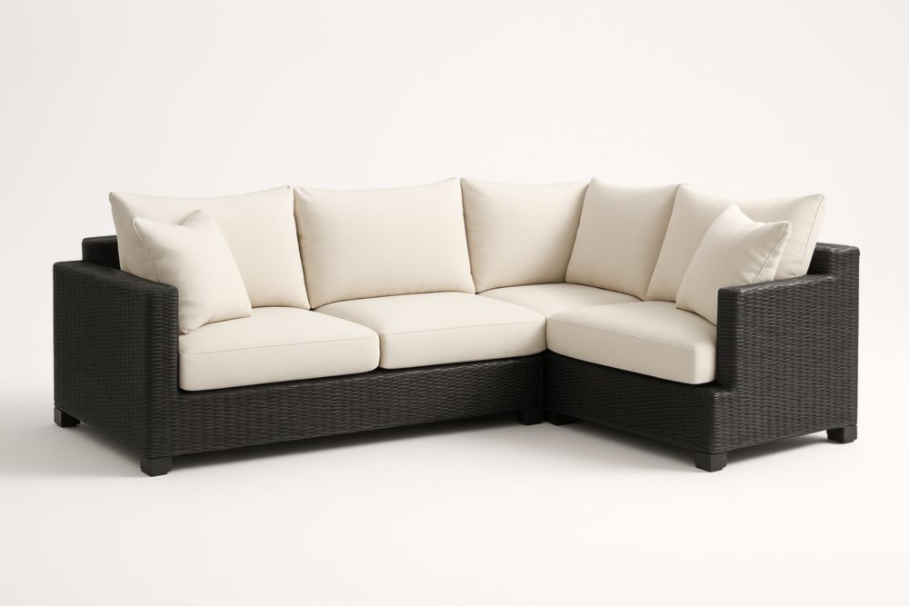 Divano angolare in rattan sintetico cuscini color crema