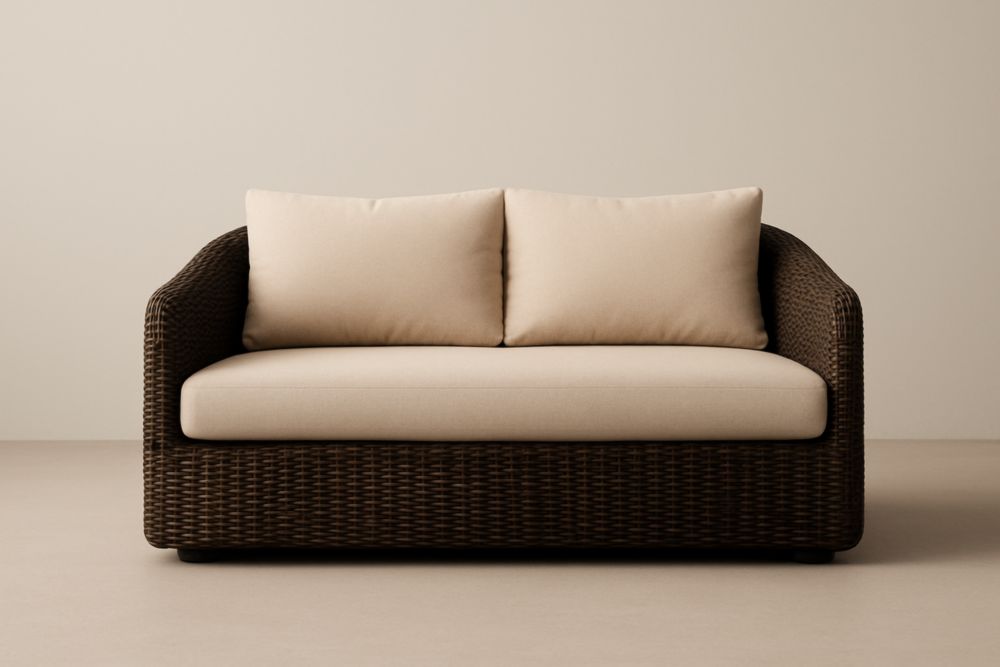 Divano da due posti da giardino in rattan con cuscini crema