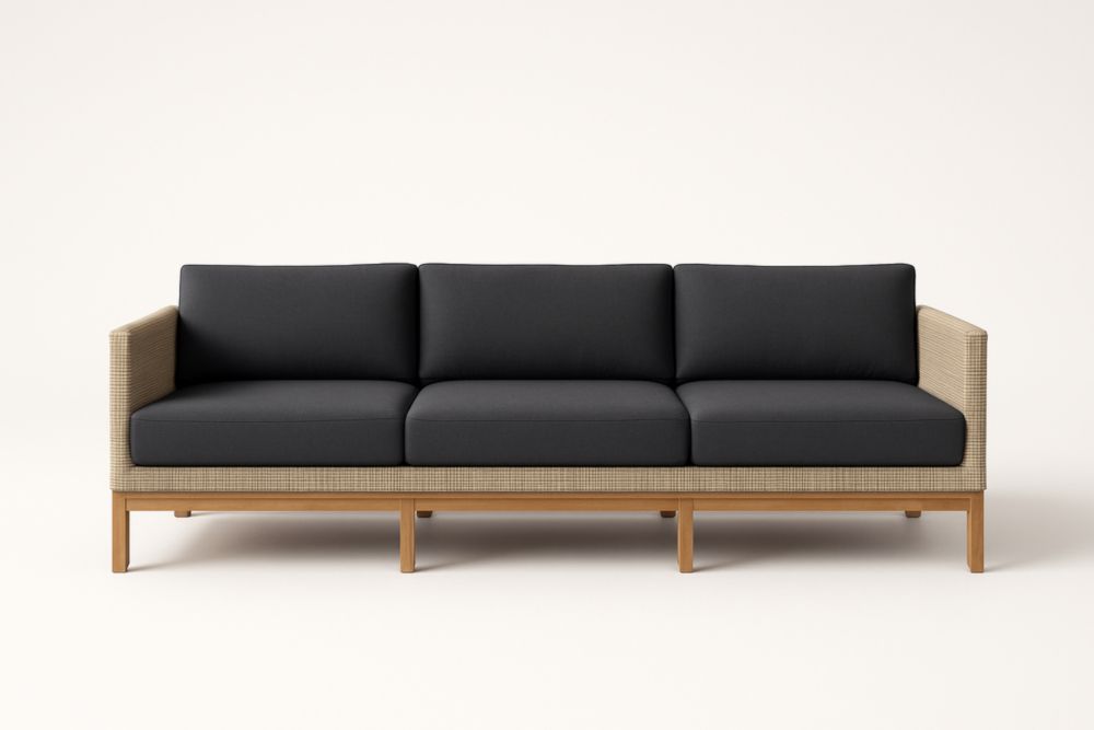 Divano da tre posti da giardino in tessuto grigio con struttura in rovere e cuscini in poliestere