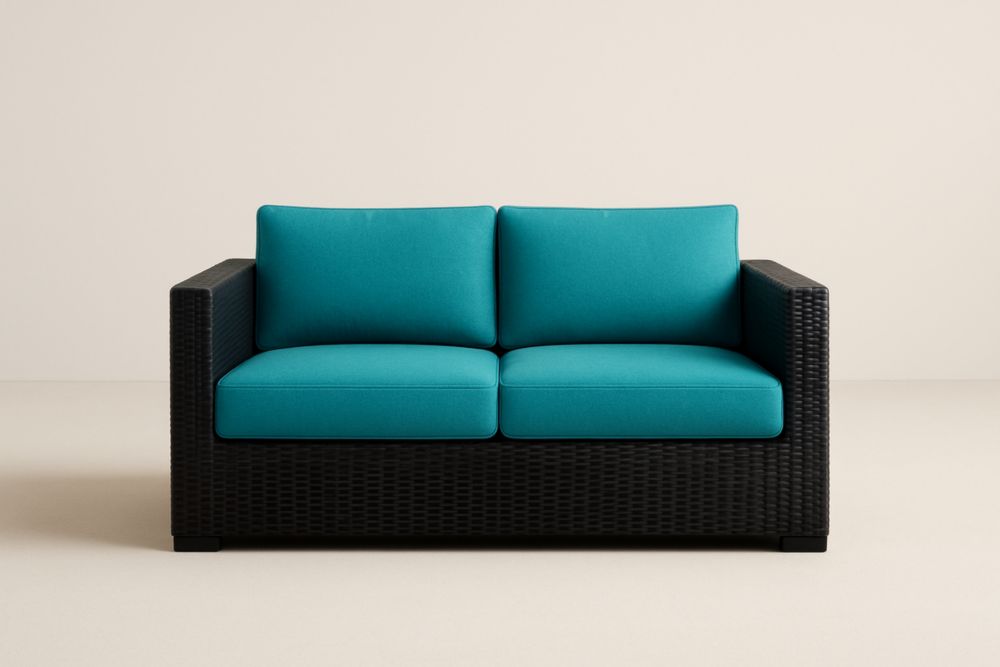 Divano da due posti da giardino in vimini sintetico con cuscini turchesi
