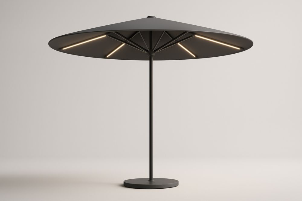 Ombrellone Rotondo da Esterno con LED in Alluminio e Tessuto in Poliestere Nero Ø300 cm