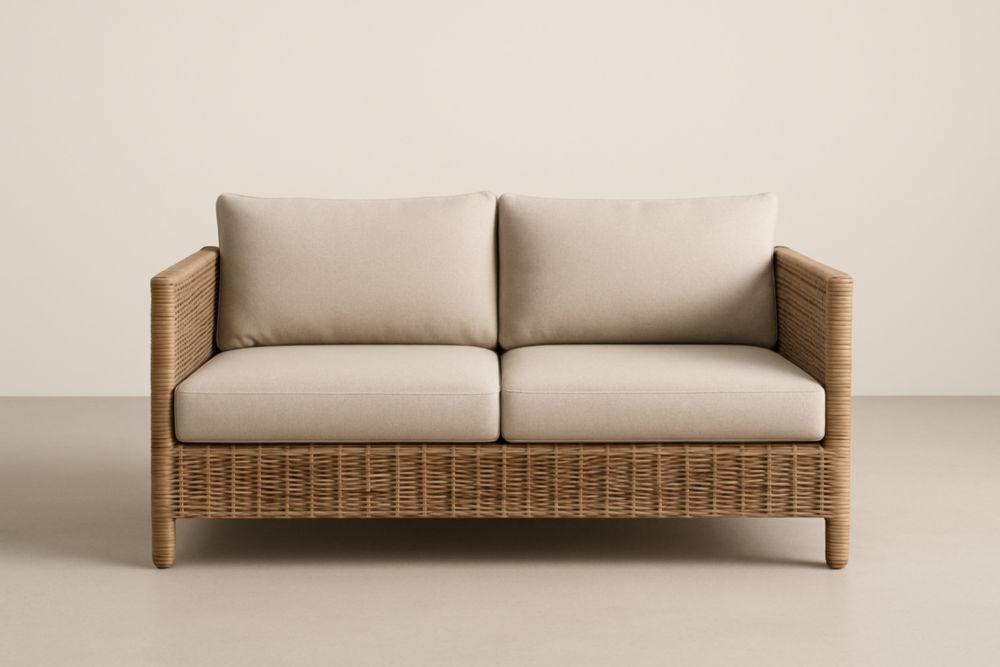 Divano da due posti da giardino in rattan con cuscini in tessuto poliestere beige