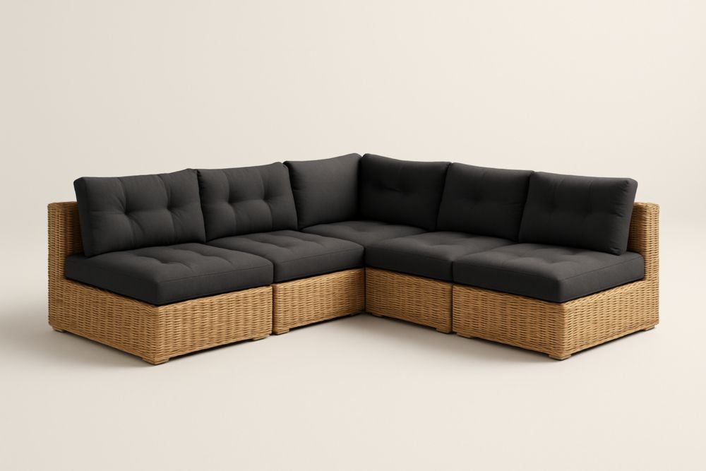 Divano angolare modulare da giardino in rattan con cuscini grigi