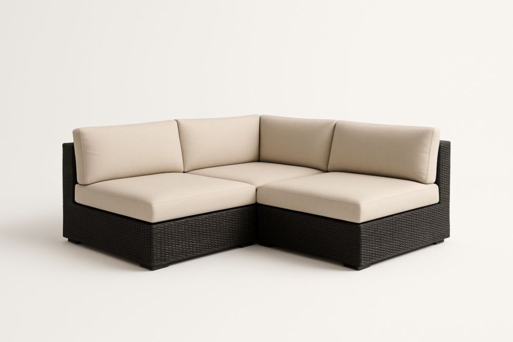 Divano angolare modulare da giardino in rattan sintetico con cuscini in poliestere beige