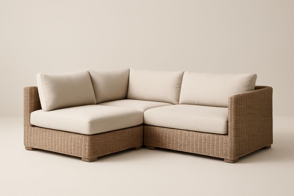 Divano angolare modulare da giardino in rattan con cuscini in poliestere beige