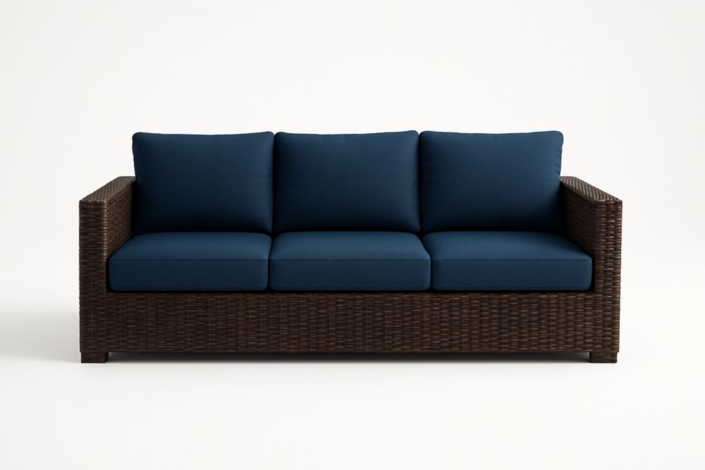 Divano da tre posti da giardino in rattan sintetico con cuscini blu