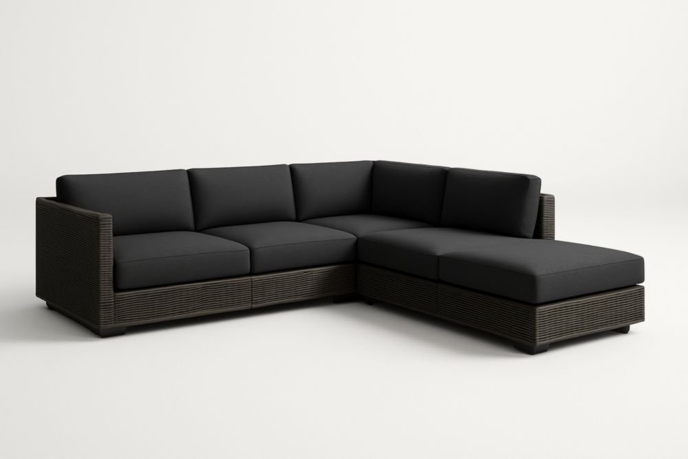 Divano angolare da giardino in rattan sintetico con cuscini in poliestere nero