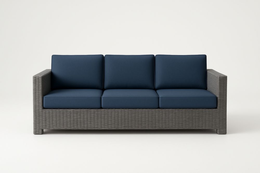 Divano da tre posti da giardino in rattan sintetico con cuscini in poliestere blu