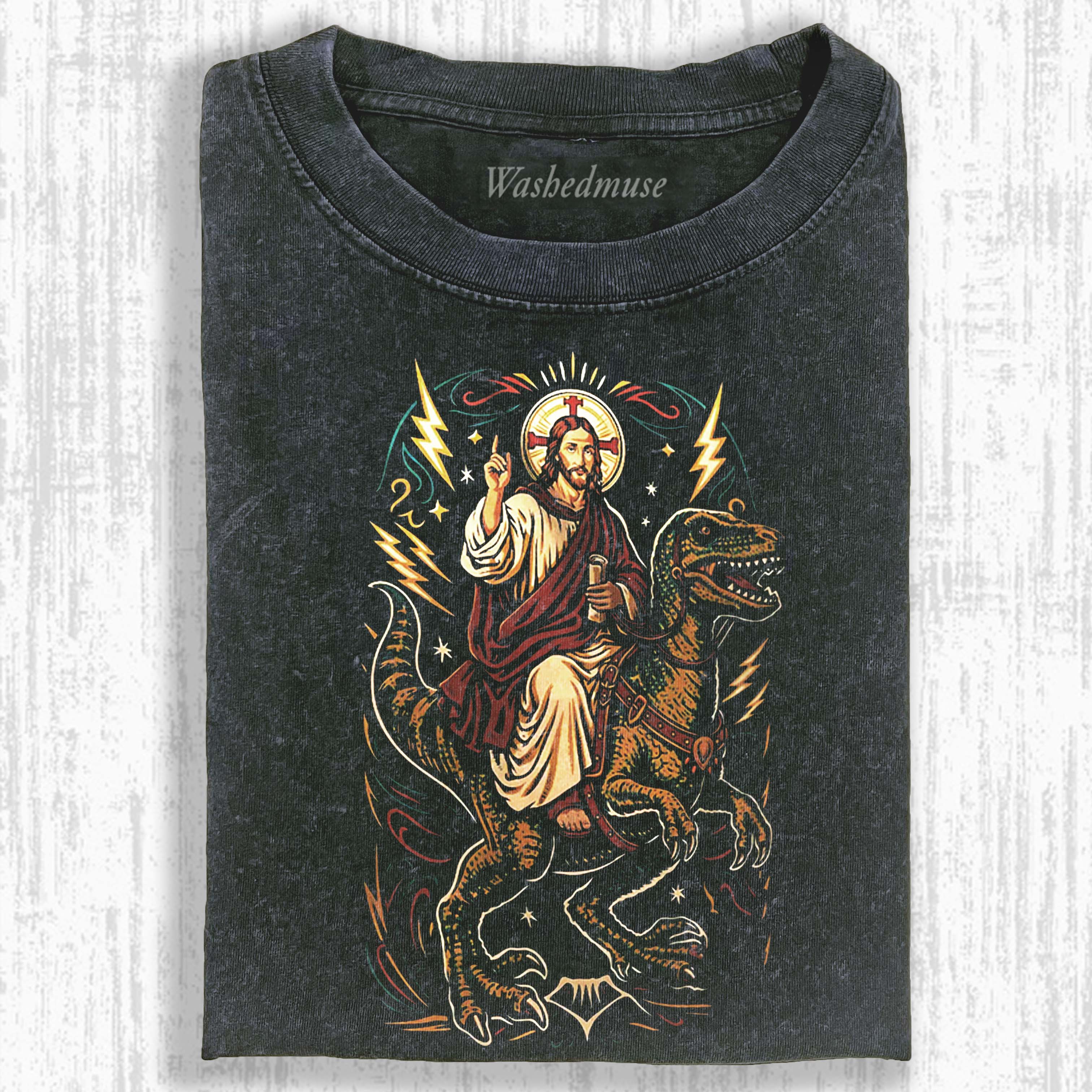 JESUS RIDING A T-REX T-SHIRT