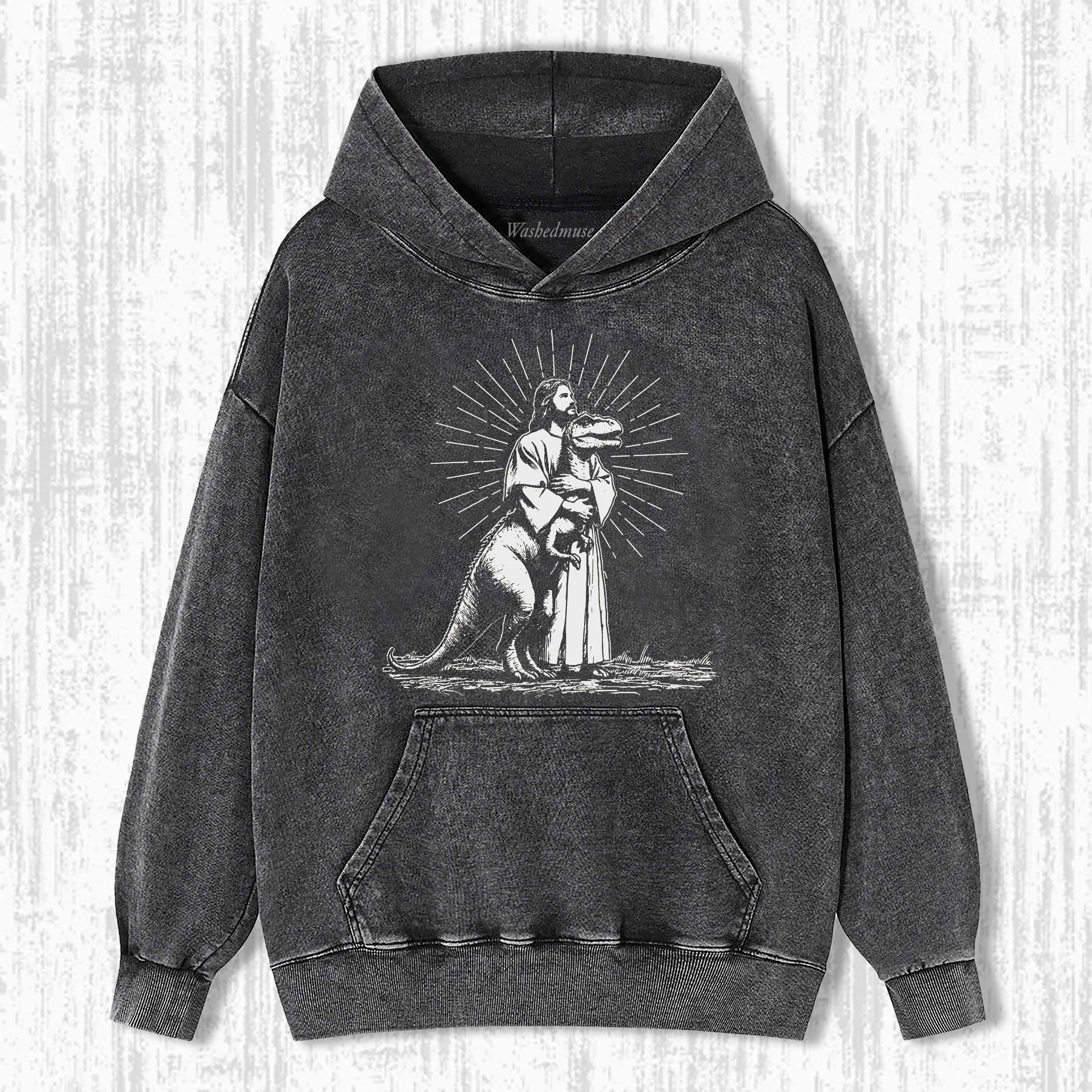 RETRO JESUS HOLDING DINOSAUR HOODIE