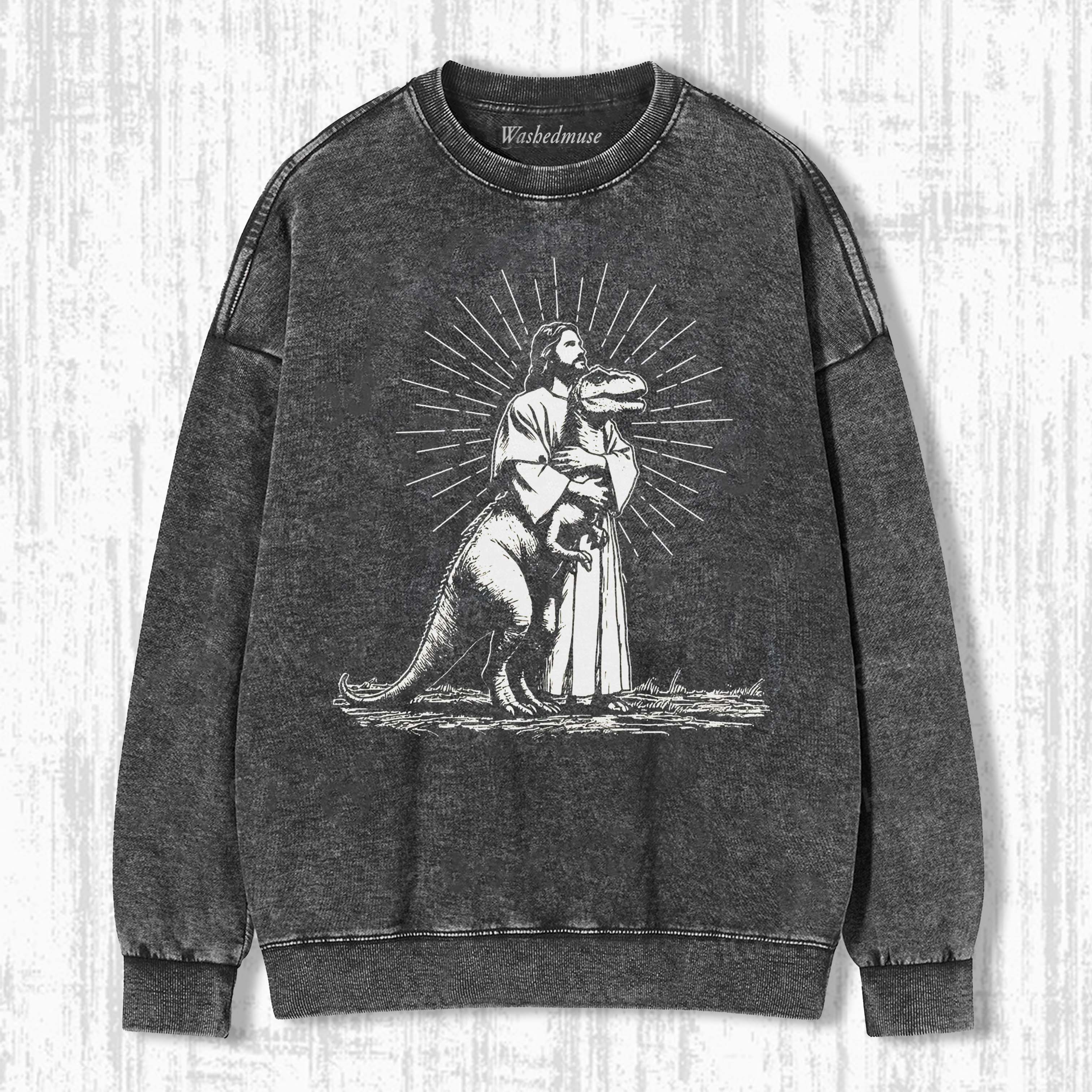 RETRO JESUS HOLDING DINOSAUR SWEATSHIRTS