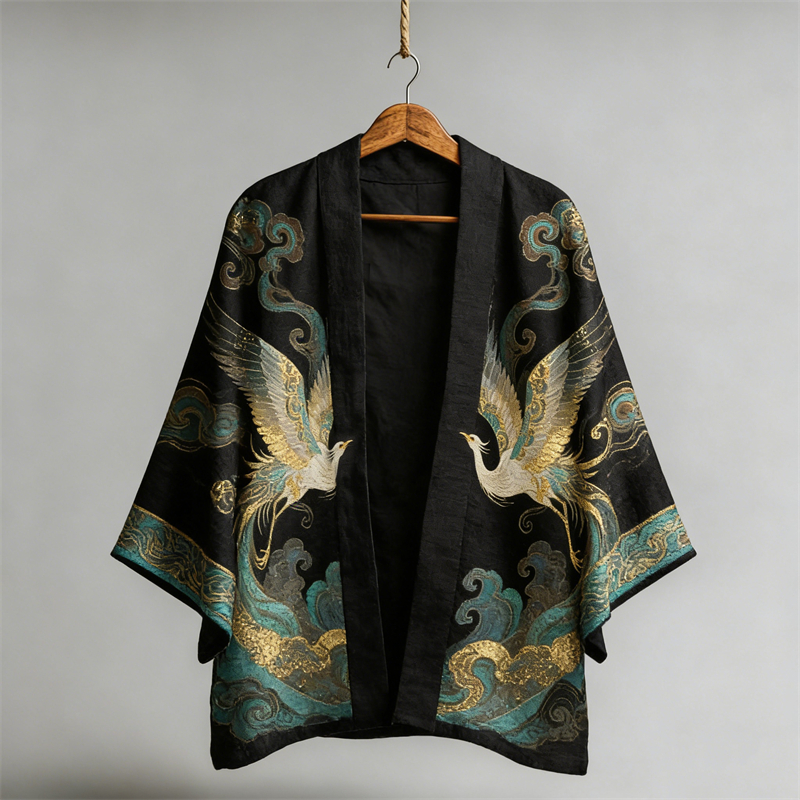Japanese Classy Phoenix & Clouds Art Linen Kimono – zelowear