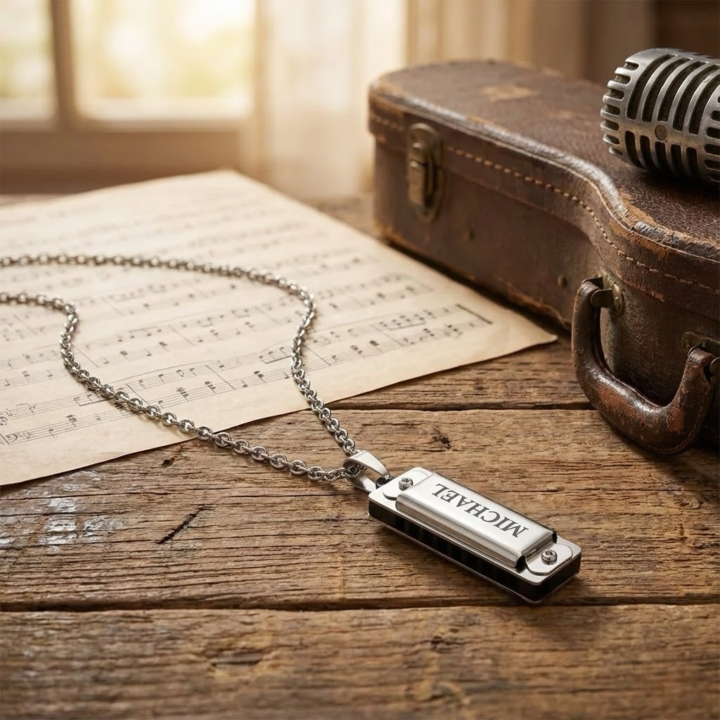 Custom Engraved Small Harmonica Pendant Necklace