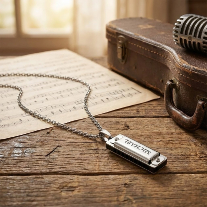 Custom Engraved Small Harmonica Pendant Necklace
