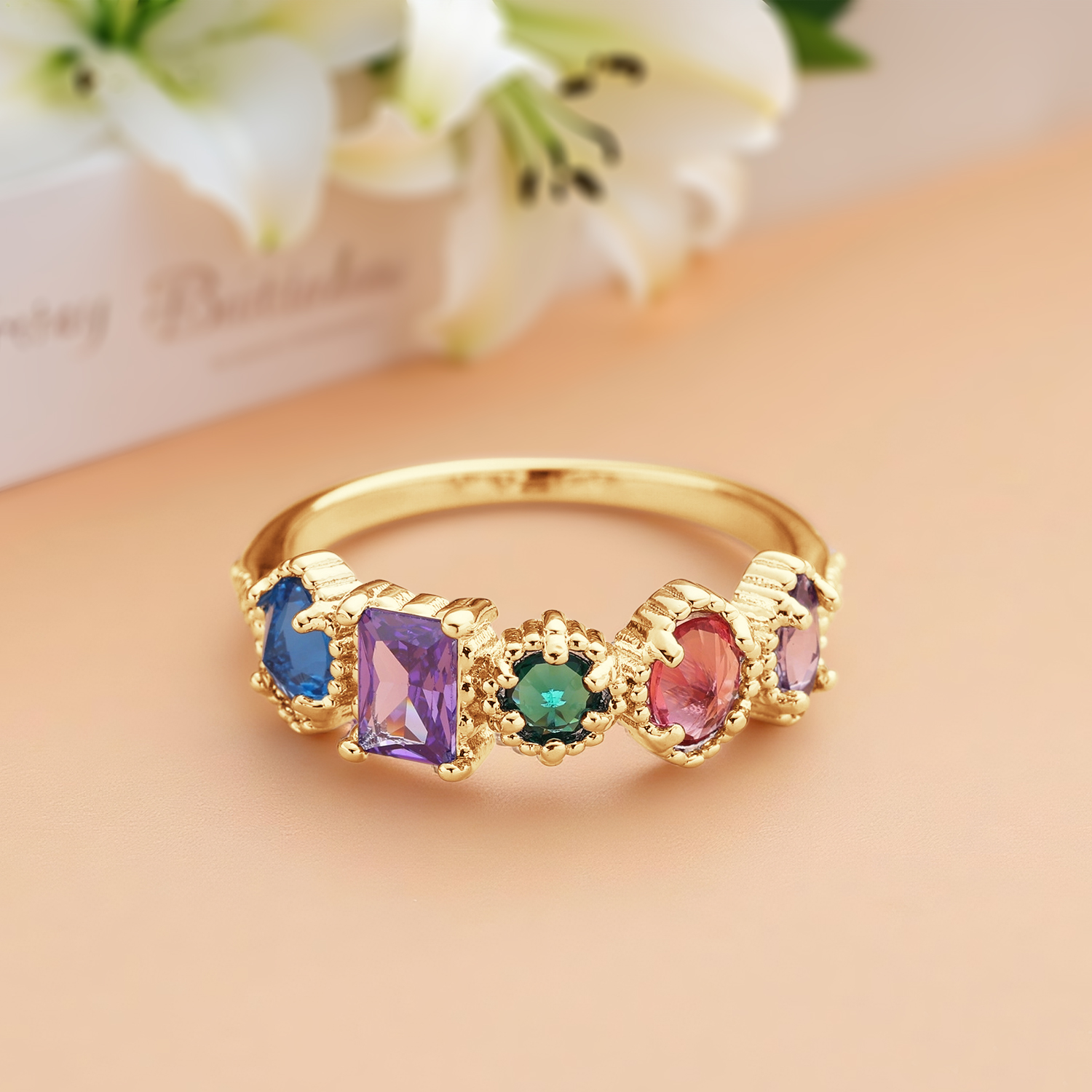 Personalized Birthstones Ring Multiple Vintage Milgrain Ring for Mom Grandma Valentines Gift