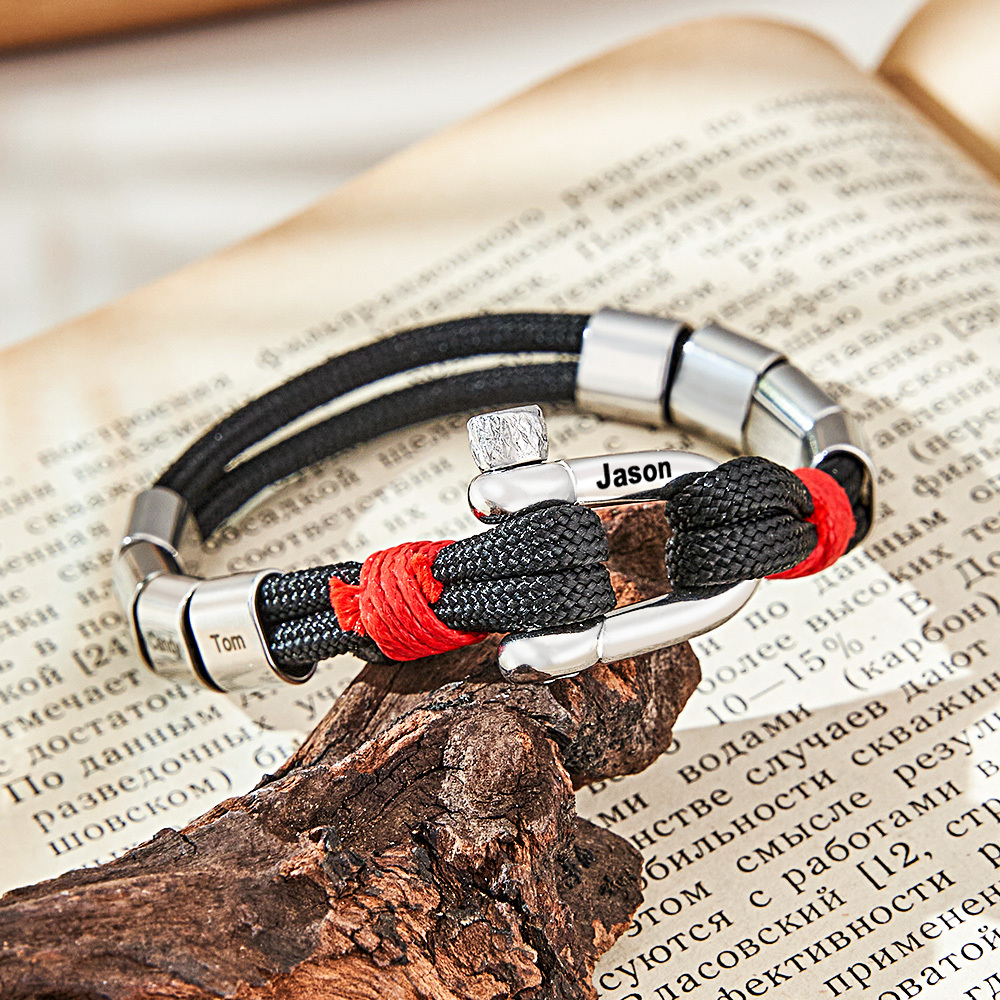 Personalized Anchor Buckle Bracelet with Engraved 1-8 Family Names Bracelet Birthday Gift for Men