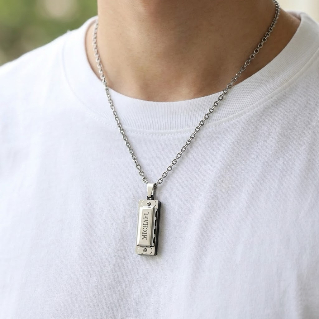 Custom Engraved Small Harmonica Pendant Necklace