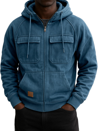 Men's Vintage Workwear Multi-pocket Zip Hooded Sweatshirt