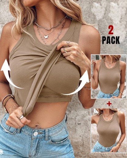 Built-in Bra 2 Piece Athletic Tank Tops for Women Ribbed Tank Top
