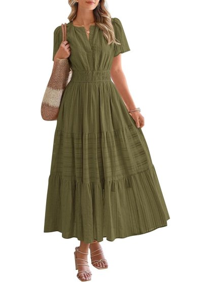 Womens Summer 2026 Casual Midi Maxi Dresses Lightweight Short Sleeve V Neck Elastic Waist Boho Beach Dress Pockets