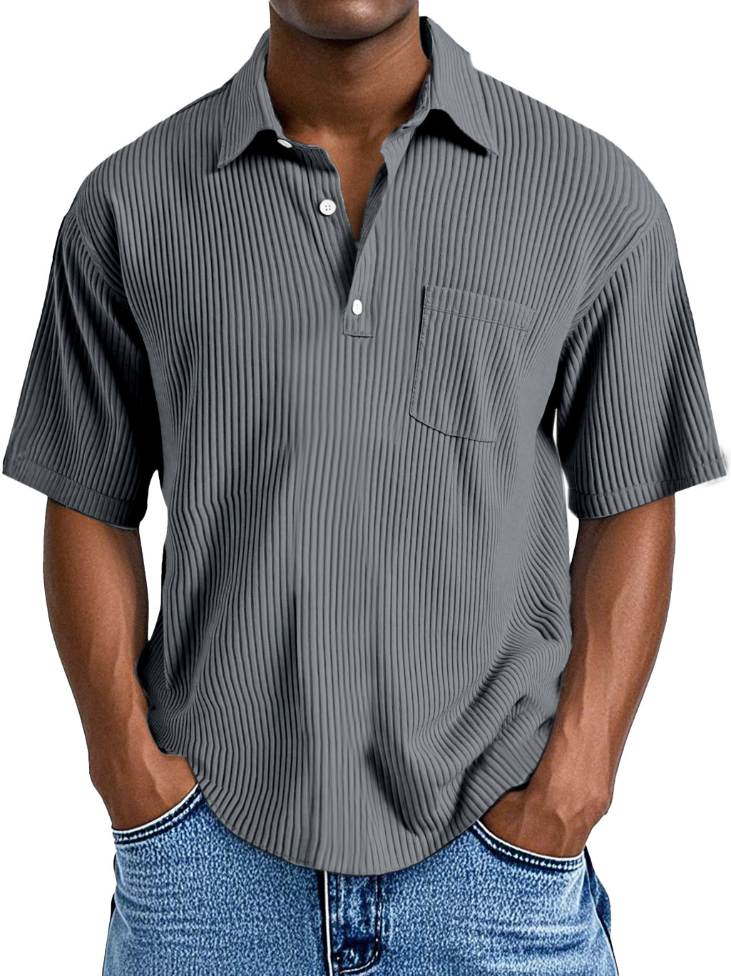Men's Casual Solid Color Vertical Pit Short-sleeved Button Polo Shirt