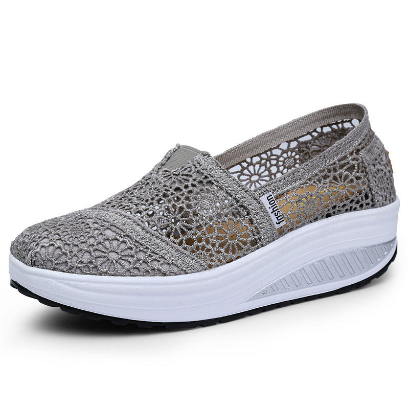 Women's Floral Embroidery Lace Mesh Air Cushion Sneakers,Comfortable Orthopedic Diabetic Walking Toning Shoes Breathable Slip On Platform Loafers Casual Fashion Rocker Shoes