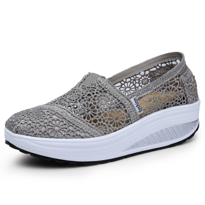 Women's Floral Embroidery Lace Mesh Air Cushion Sneakers,Comfortable Orthopedic Diabetic Walking Toning Shoes Breathable Slip On Platform Loafers Casual Fashion Rocker Shoes