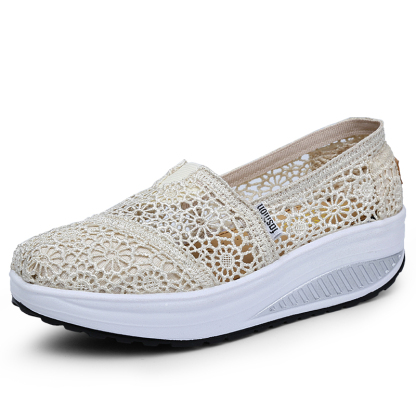 Women's Floral Embroidery Lace Mesh Air Cushion Sneakers,Comfortable Orthopedic Diabetic Walking Toning Shoes Breathable Slip On Platform Loafers Casual Fashion Rocker Shoes