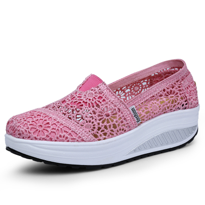 Women's Floral Embroidery Lace Mesh Air Cushion Sneakers,Comfortable Orthopedic Diabetic Walking Toning Shoes Breathable Slip On Platform Loafers Casual Fashion Rocker Shoes