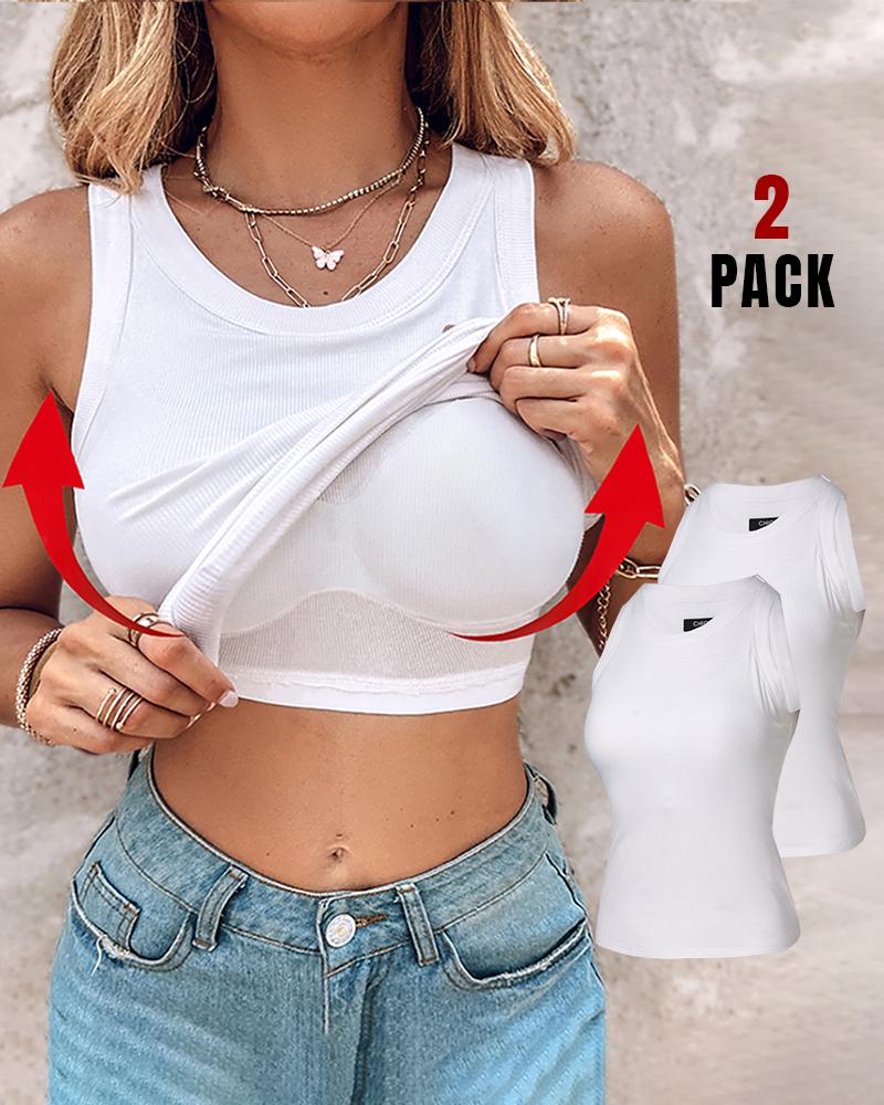 Built-in Bra 2 Piece Athletic Tank Tops for Women Ribbed Tank Top