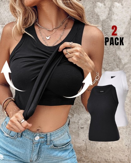 Built-in Bra 2 Piece Athletic Tank Tops for Women Ribbed Tank Top