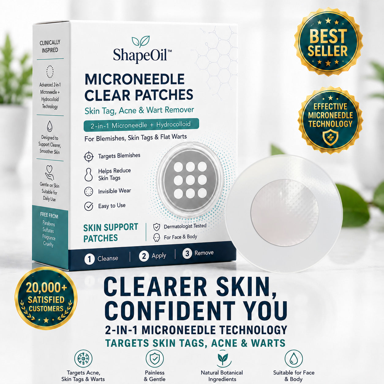 ✨2-in-1 Microneedle & Hydrocolloid Patch🍀| Removes Raised Moles, Acne, Flat Warts & Skin Tags | Helps Improve Wrinkles, Scars & Blemishes | Invisible Patches for Face & Body