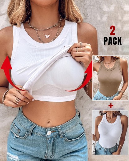 Built-in Bra 2 Piece Athletic Tank Tops for Women Ribbed Tank Top