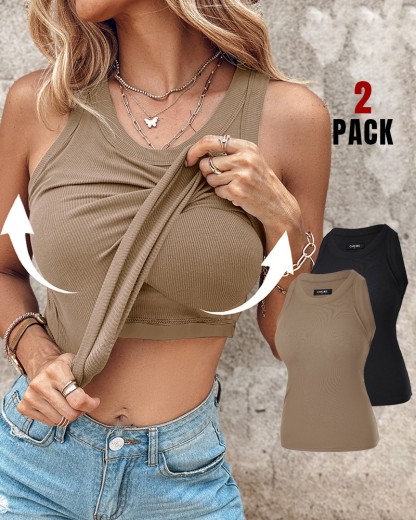 Built-in Bra 2 Piece Athletic Tank Tops for Women Ribbed Tank Top