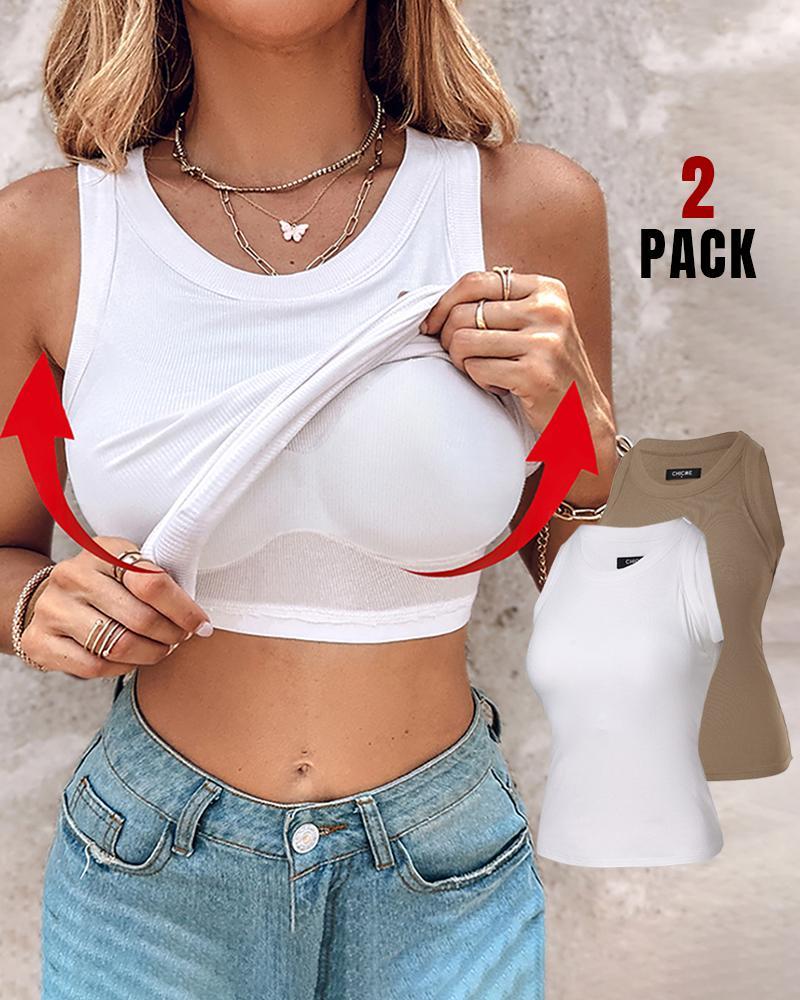 Built-in Bra 2 Piece Athletic Tank Tops for Women Ribbed Tank Top