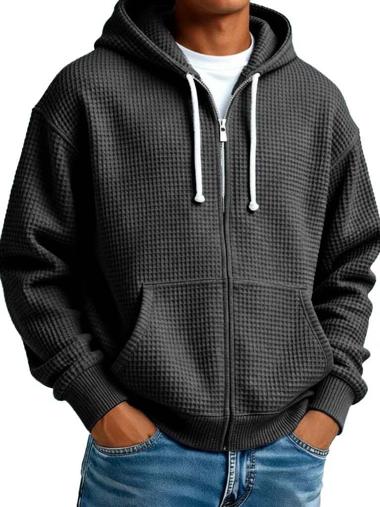 Men's Wear Fashionable Casual Waffle Fabric Zipper Hooded Pockets Loose Coat