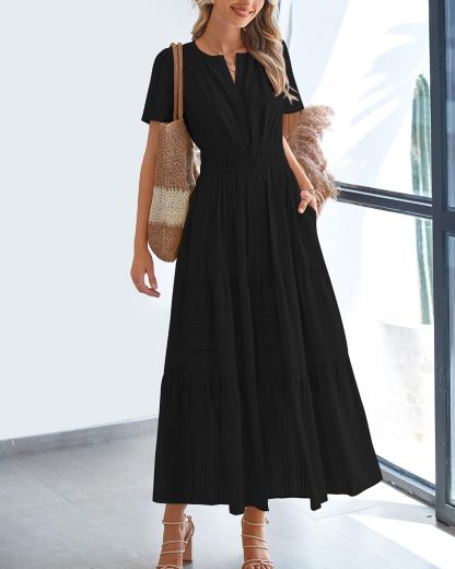 Womens Summer 2026 Casual Midi Maxi Dresses Lightweight Short Sleeve V Neck Elastic Waist Boho Beach Dress Pockets